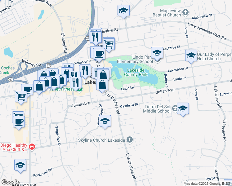 map of restaurants, bars, coffee shops, grocery stores, and more near 12617 Lindo Lane in Lakeside