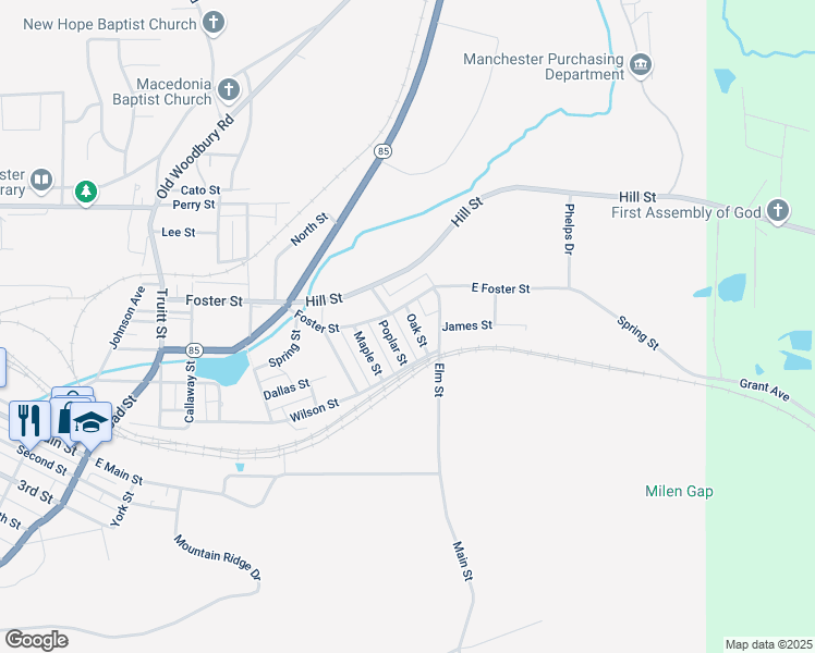 map of restaurants, bars, coffee shops, grocery stores, and more near 12 Oak Street in Manchester