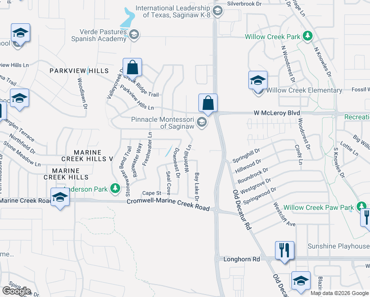 map of restaurants, bars, coffee shops, grocery stores, and more near 6521 Waterhill Lane in Fort Worth