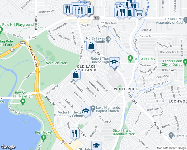 map of restaurants, bars, coffee shops, grocery stores, and more near 450 Bondstone Drive in Dallas