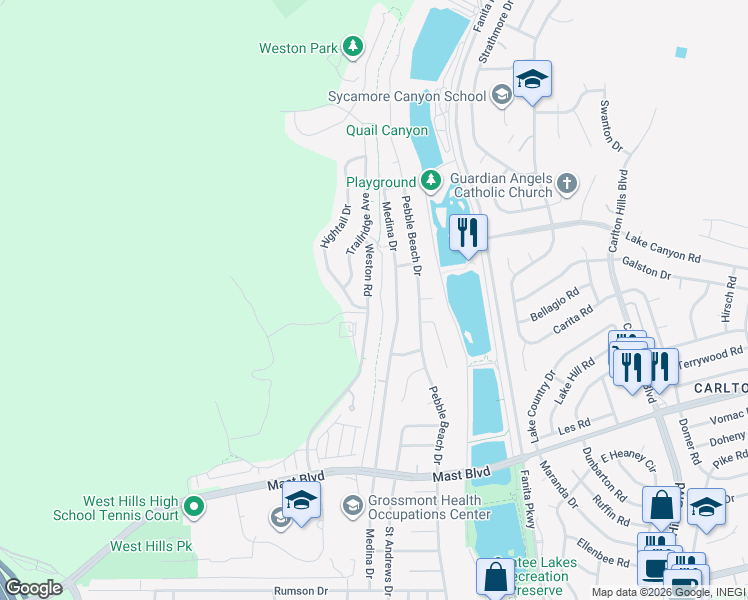 map of restaurants, bars, coffee shops, grocery stores, and more near 8813 Weston Road in Santee