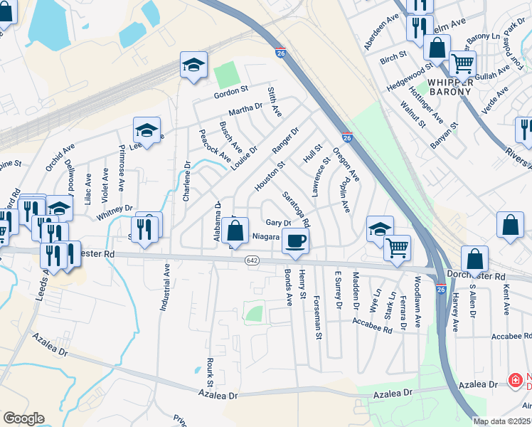 map of restaurants, bars, coffee shops, grocery stores, and more near 4012 Gary Drive in North Charleston