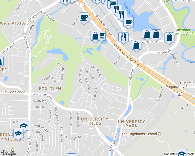 map of restaurants, bars, coffee shops, grocery stores, and more near 320 Tampico Street in Irving