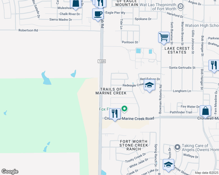 map of restaurants, bars, coffee shops, grocery stores, and more near 6709 Coolwater Trail in Fort Worth
