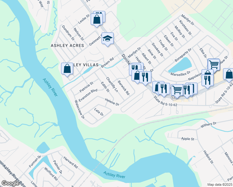 map of restaurants, bars, coffee shops, grocery stores, and more near 5309 Chantilly Lane in North Charleston