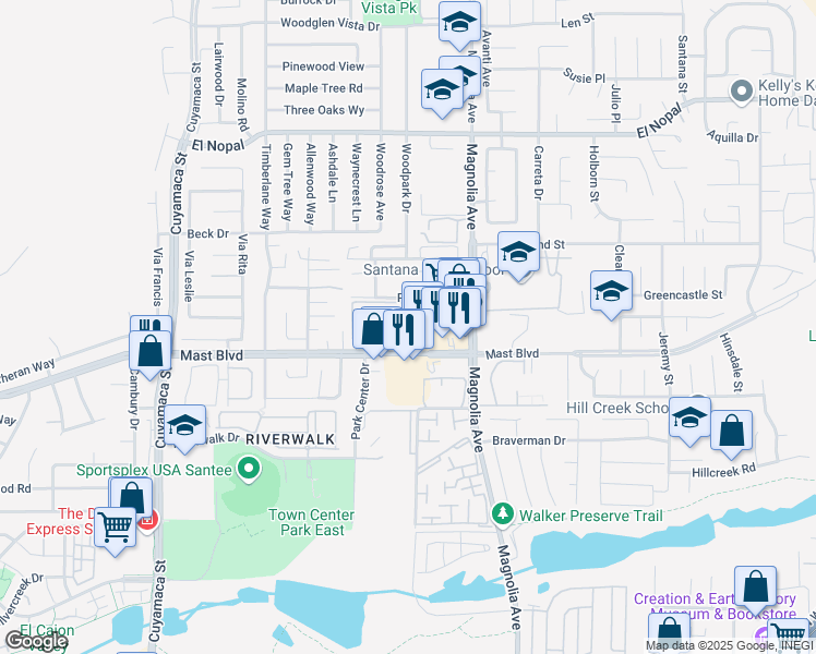 map of restaurants, bars, coffee shops, grocery stores, and more near 9838 North Magnolia Avenue in Santee