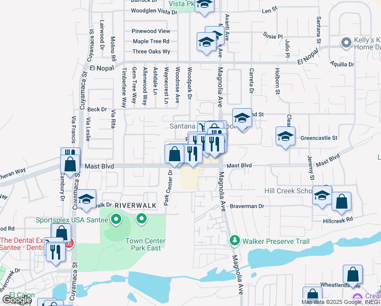 map of restaurants, bars, coffee shops, grocery stores, and more near 9840 Shirley Gardens Drive in Santee