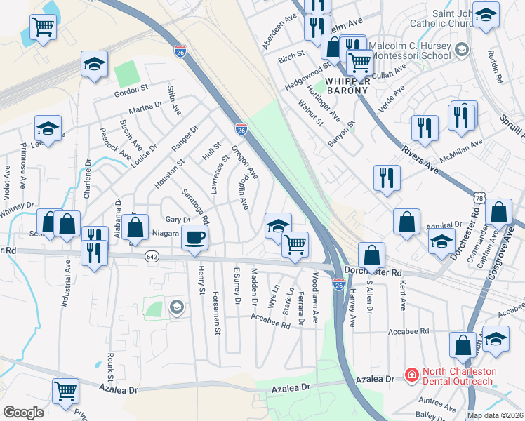 map of restaurants, bars, coffee shops, grocery stores, and more near 2615 Ranger Drive in North Charleston