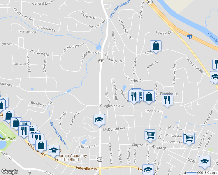 map of restaurants, bars, coffee shops, grocery stores, and more near 448 West Buford Road in Macon