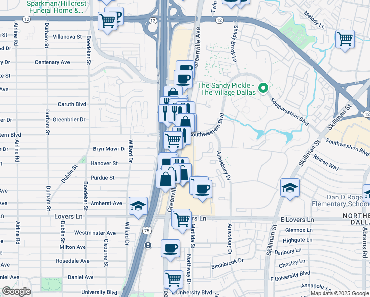 map of restaurants, bars, coffee shops, grocery stores, and more near 1320 Greenville Avenue in Dallas
