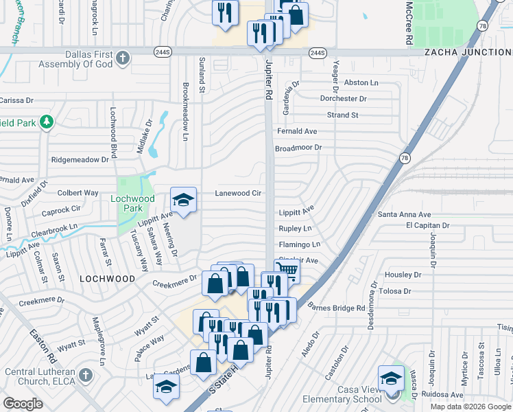 map of restaurants, bars, coffee shops, grocery stores, and more near 11367 Lippitt Avenue in Dallas