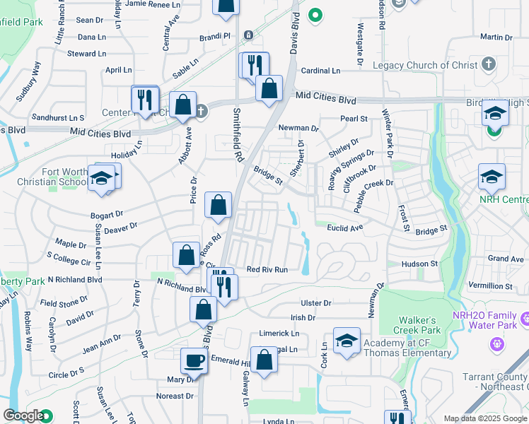 map of restaurants, bars, coffee shops, grocery stores, and more near 6032 Pedernales Ridge in North Richland Hills
