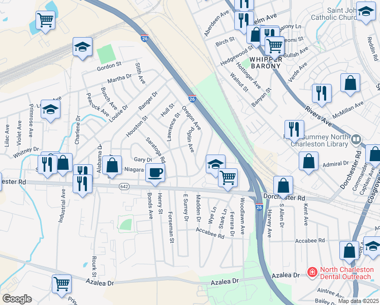 map of restaurants, bars, coffee shops, grocery stores, and more near 2674 Poplin Avenue in North Charleston