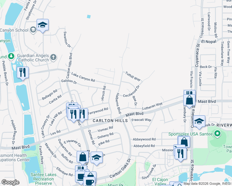 map of restaurants, bars, coffee shops, grocery stores, and more near 9748 Halberns Boulevard in Santee