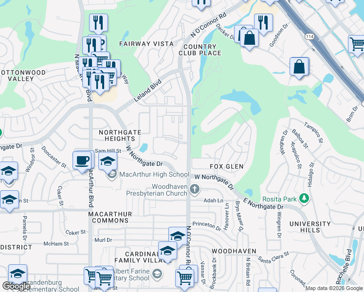map of restaurants, bars, coffee shops, grocery stores, and more near 3701 North O'Connor Road in Irving