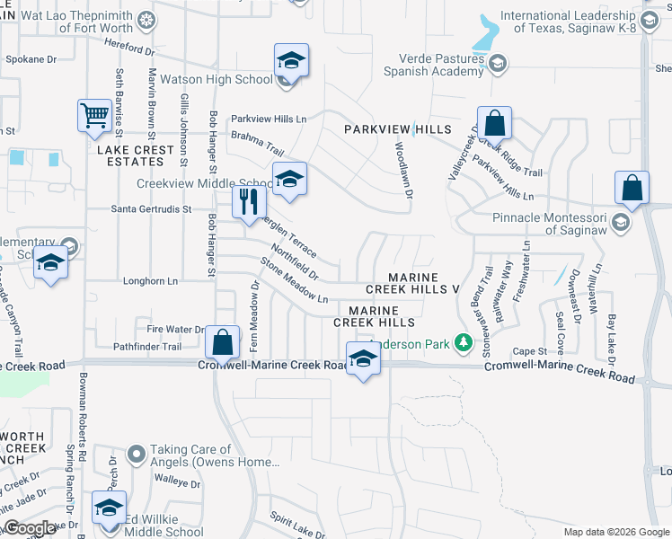 map of restaurants, bars, coffee shops, grocery stores, and more near 5551 Heatherglen Terrace in Fort Worth