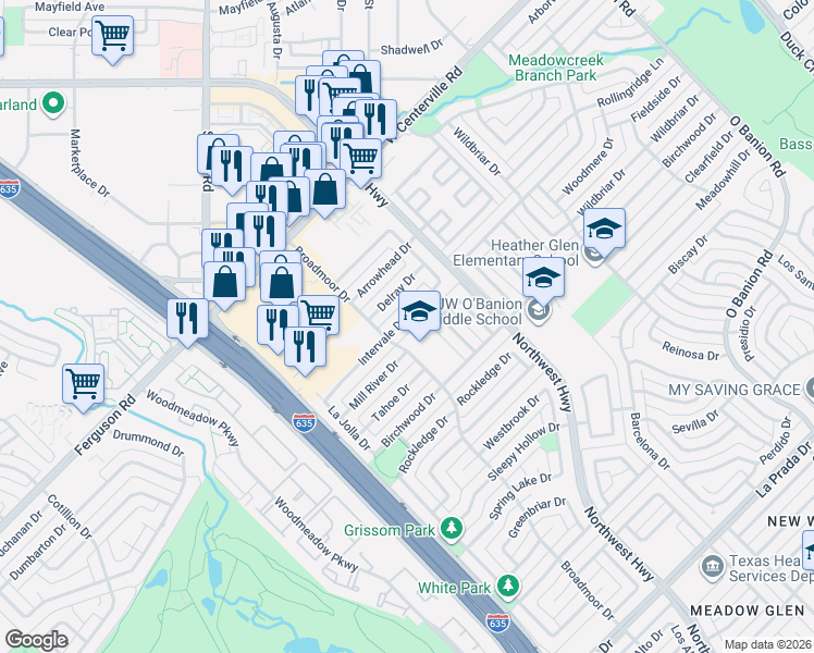 map of restaurants, bars, coffee shops, grocery stores, and more near 914 Intervale Dr in Garland
