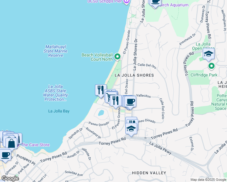 map of restaurants, bars, coffee shops, grocery stores, and more near 8263 Camino Del Oro in San Diego