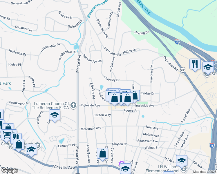 map of restaurants, bars, coffee shops, grocery stores, and more near 2417 Lenora Pl in Macon