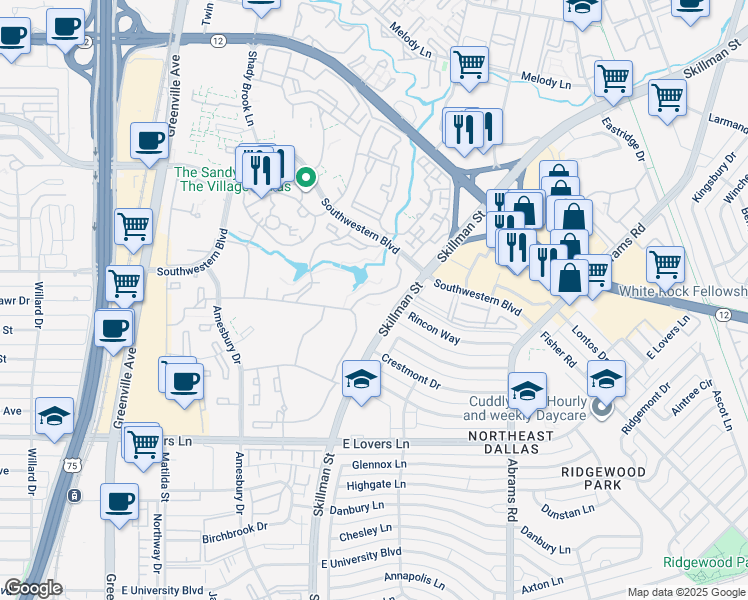 map of restaurants, bars, coffee shops, grocery stores, and more near 8820 Southwestern Boulevard in Dallas