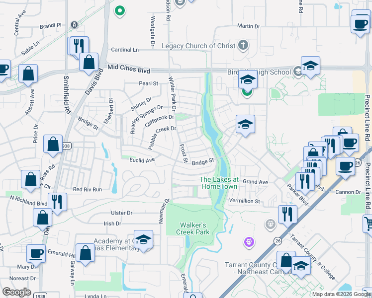 map of restaurants, bars, coffee shops, grocery stores, and more near 8601 Summer Tree Lane in Fort Worth