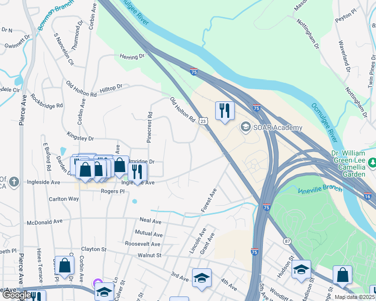 map of restaurants, bars, coffee shops, grocery stores, and more near 480 General Winship Drive South in Macon