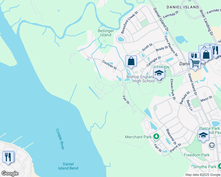 map of restaurants, bars, coffee shops, grocery stores, and more near 480 Seven Farms Drive in Charleston