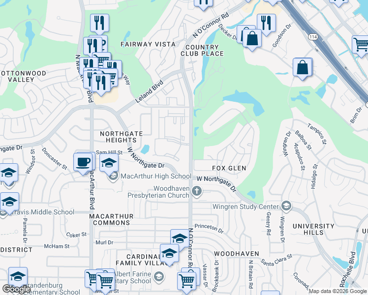 map of restaurants, bars, coffee shops, grocery stores, and more near 3701 North O'Connor Road in Irving