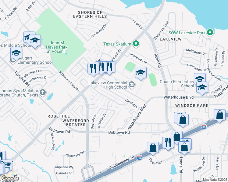 map of restaurants, bars, coffee shops, grocery stores, and more near 3301 Hamlett Ln in Garland