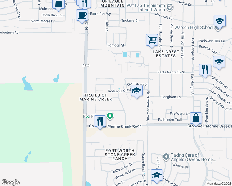 map of restaurants, bars, coffee shops, grocery stores, and more near 6305 Redeagle Creek Drive in Fort Worth