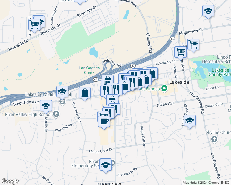 map of restaurants, bars, coffee shops, grocery stores, and more near Woodside Avenue & Winter Gardens Boulevard in Lakeside