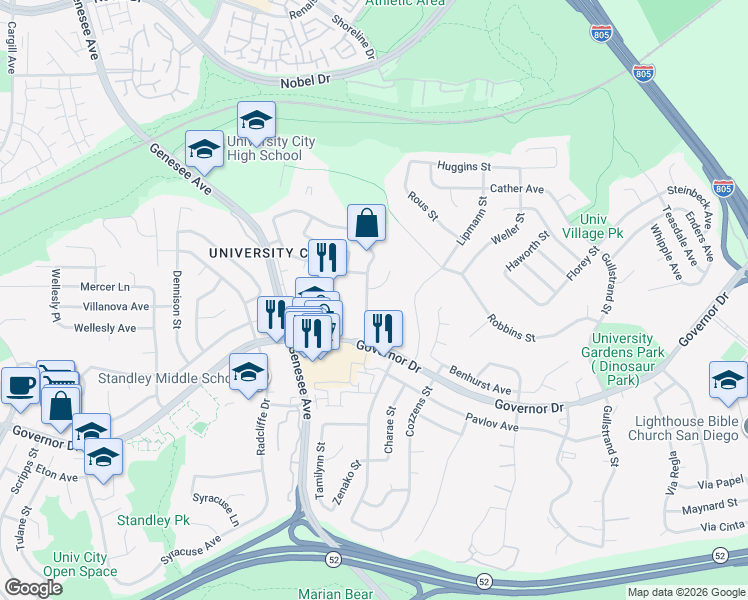 map of restaurants, bars, coffee shops, grocery stores, and more near 6477 Edmonton Avenue in San Diego