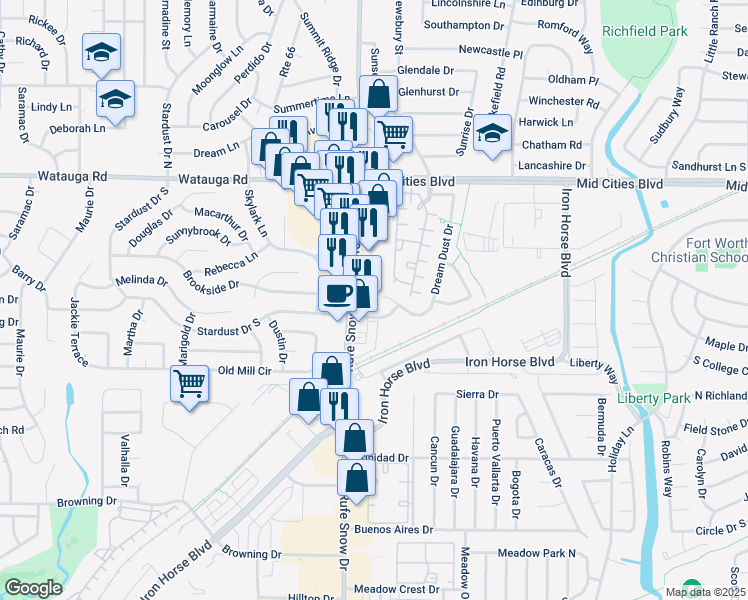 map of restaurants, bars, coffee shops, grocery stores, and more near 6708 Dream Dust Dr in North Richland Hills