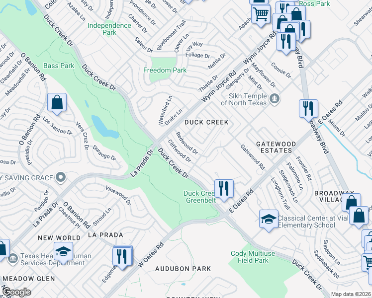 map of restaurants, bars, coffee shops, grocery stores, and more near 4718 Redwood Drive in Garland