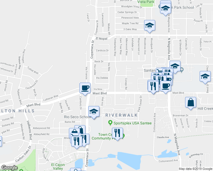 map of restaurants, bars, coffee shops, grocery stores, and more near 9951 Via Mavis in Santee