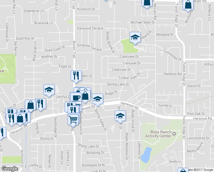 map of restaurants, bars, coffee shops, grocery stores, and more near 812 Spring Lake Drive in Bedford