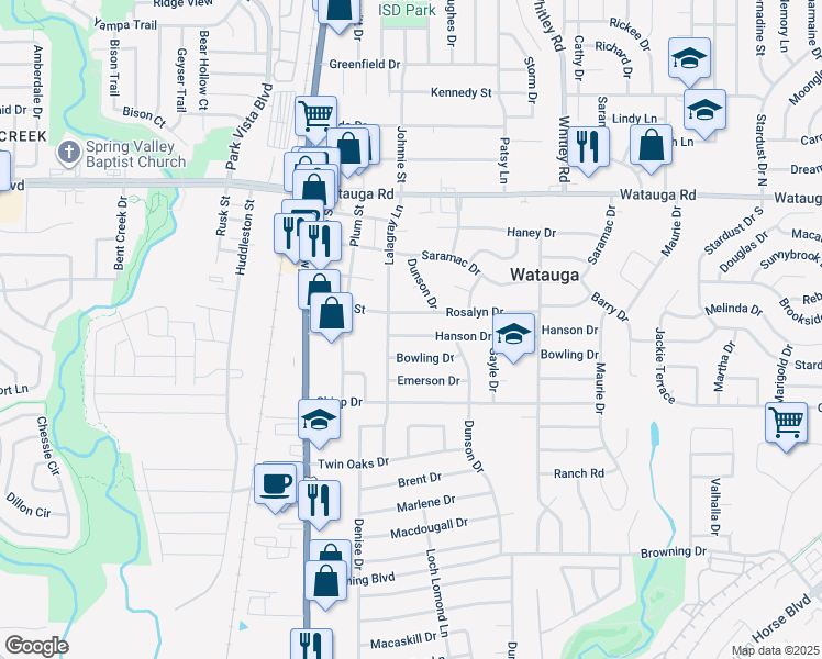 map of restaurants, bars, coffee shops, grocery stores, and more near 5717 Hanson Drive in Watauga
