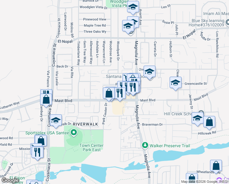 map of restaurants, bars, coffee shops, grocery stores, and more near 10277 Caspi Gardens Drive in Santee