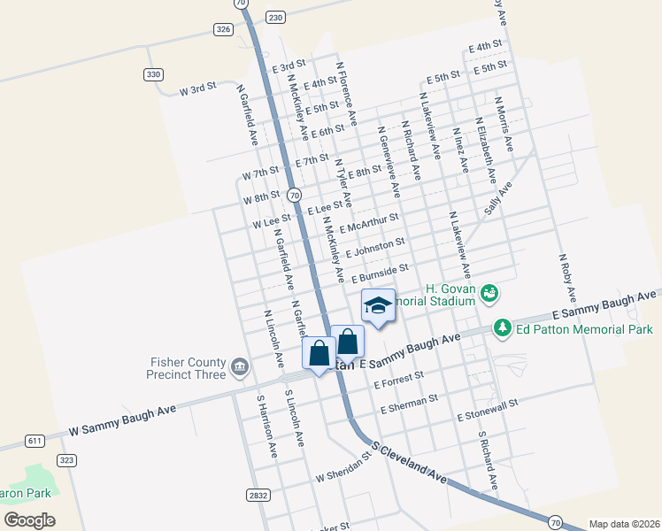 map of restaurants, bars, coffee shops, grocery stores, and more near 404 North McKinley Avenue in Rotan