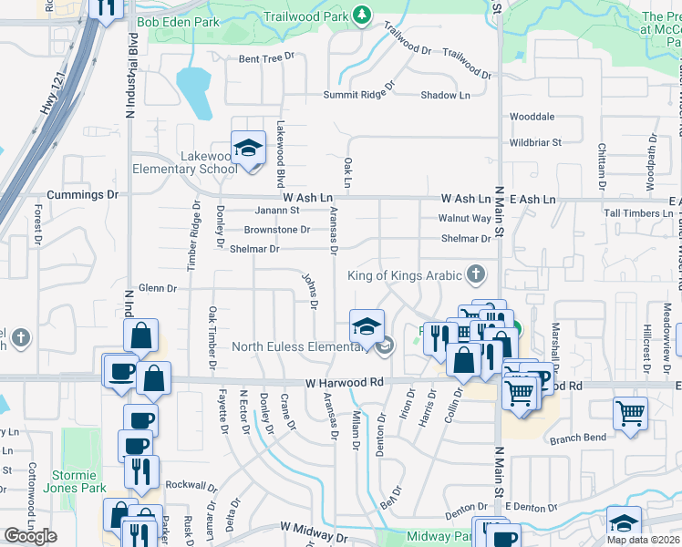 map of restaurants, bars, coffee shops, grocery stores, and more near 1313 Aransas Drive in Euless