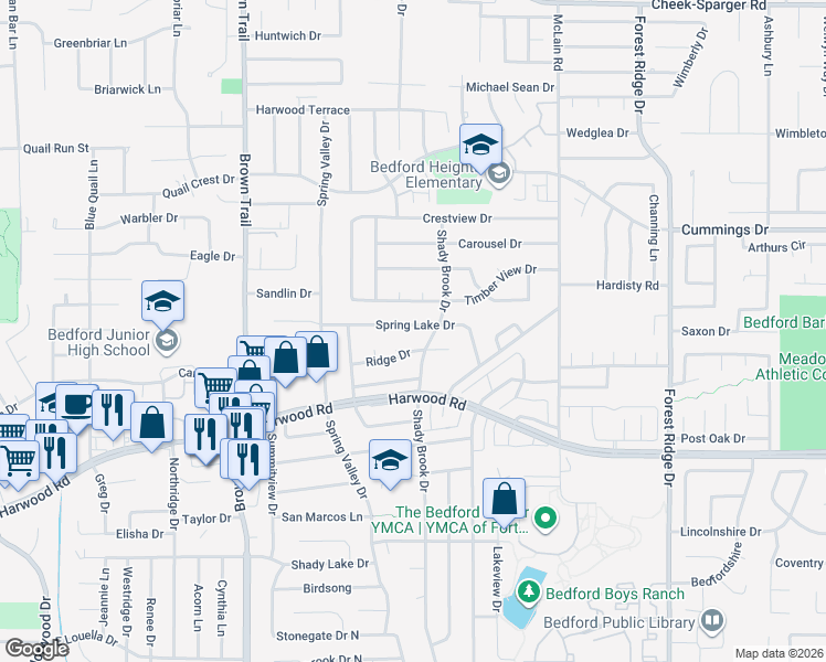 map of restaurants, bars, coffee shops, grocery stores, and more near 840 Spring Lake Drive in Bedford