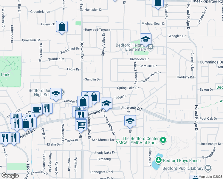 map of restaurants, bars, coffee shops, grocery stores, and more near 812 Spring Lake Drive in Bedford