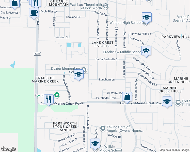 map of restaurants, bars, coffee shops, grocery stores, and more near 6504 Seth Barwise Street in Fort Worth