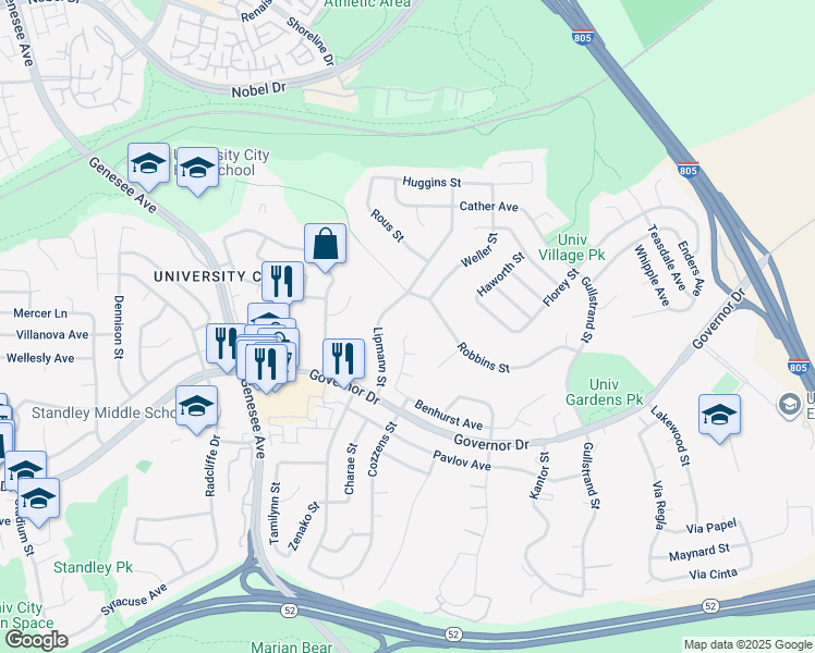 map of restaurants, bars, coffee shops, grocery stores, and more near 6492 Farley Drive in San Diego