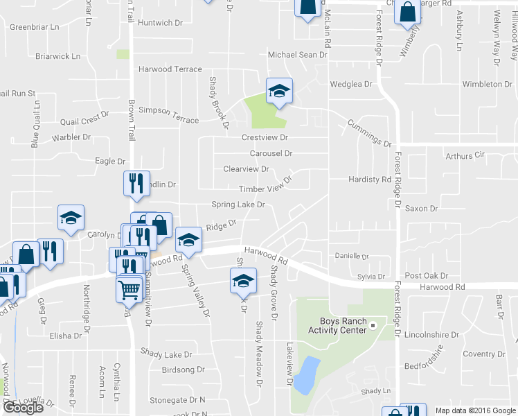 map of restaurants, bars, coffee shops, grocery stores, and more near 904 Spring Lake Drive in Bedford