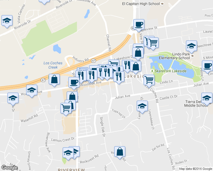 map of restaurants, bars, coffee shops, grocery stores, and more near 9760 Prospect Avenue in Lakeside