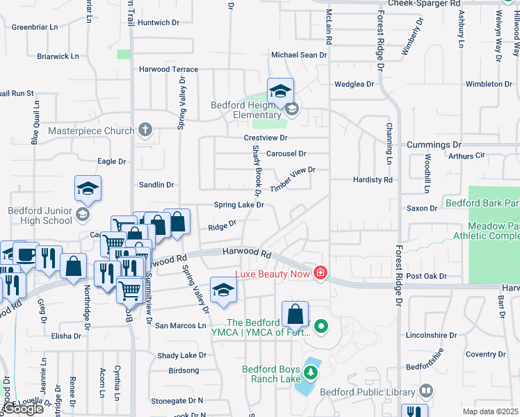 map of restaurants, bars, coffee shops, grocery stores, and more near 904 Spring Lake Drive in Bedford