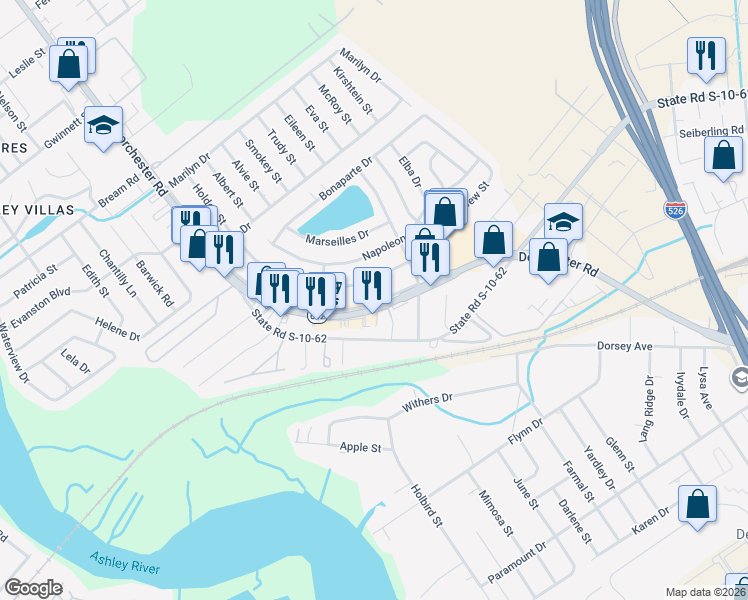 map of restaurants, bars, coffee shops, grocery stores, and more near 5116 Marginal Street in North Charleston