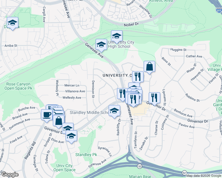 map of restaurants, bars, coffee shops, grocery stores, and more near 6622 Radcliffe Drive in San Diego