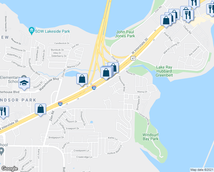 map of restaurants, bars, coffee shops, grocery stores, and more near 1050 East Interstate 30 in Garland